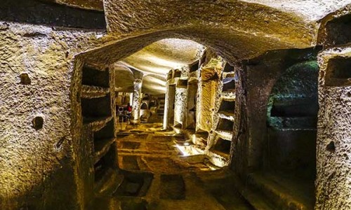 Catacombs lit up in Naples, Italy.